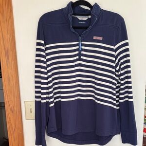 Vineyard Vines Navy and White Striped Quarter-Zip Pullover Shep Shirt Large